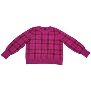 Ann Taylor Factory Pink Plaid Crew Neck Sweater Womens Size Large Magenta Purple